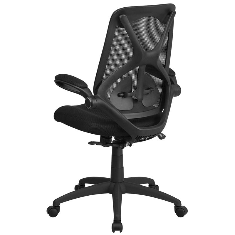 High Back Black Mesh Executive Swivel Ergonomic Office Chair with Adjustable Lumbar, 2-Paddle Control and Flip-Up Arms. Picture 3