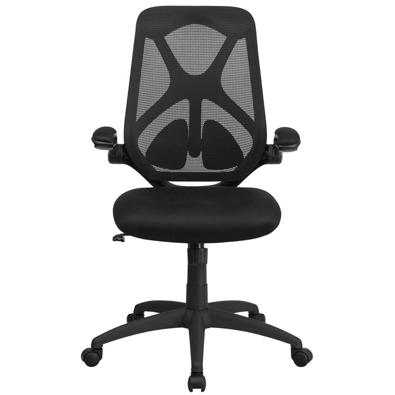 High Back Black Mesh Executive Swivel Ergonomic Office Chair with Adjustable Lumbar, 2-Paddle Control and Flip-Up Arms. Picture 4