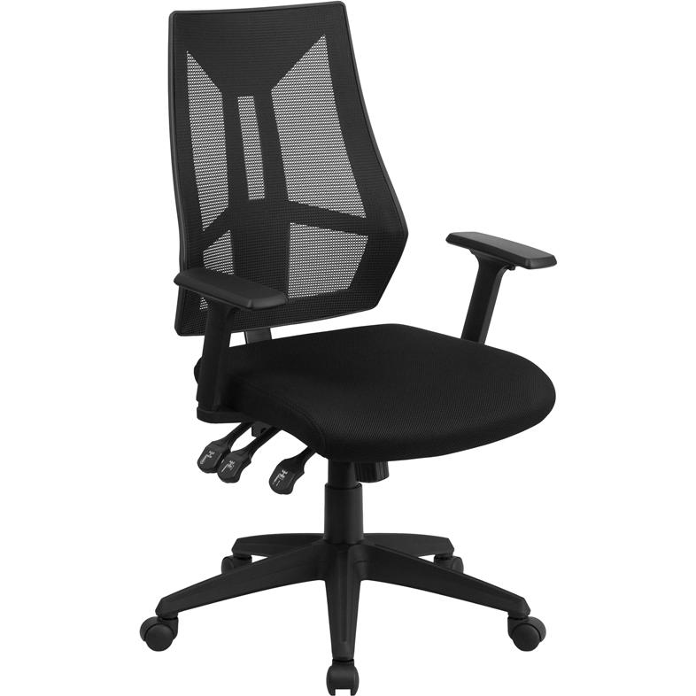High Back Black Mesh Multifunction Swivel Task Office Chair with Adjustable Arms. Picture 1