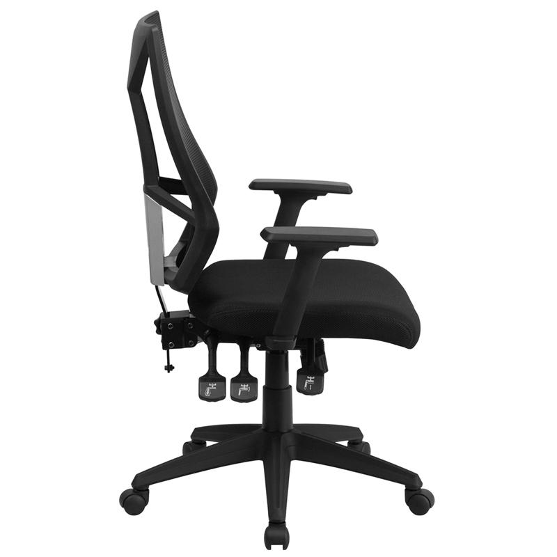 High Back Black Mesh Multifunction Swivel Task Office Chair with Adjustable Arms. Picture 2