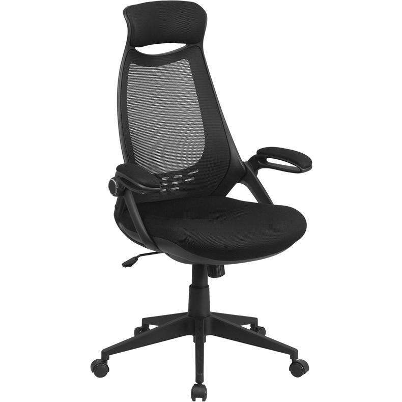High Back Black Mesh Executive Swivel Office Chair with Flip-Up Arms. Picture 1