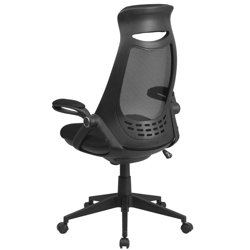 High Back Black Mesh Executive Swivel Office Chair with Flip-Up Arms. Picture 3