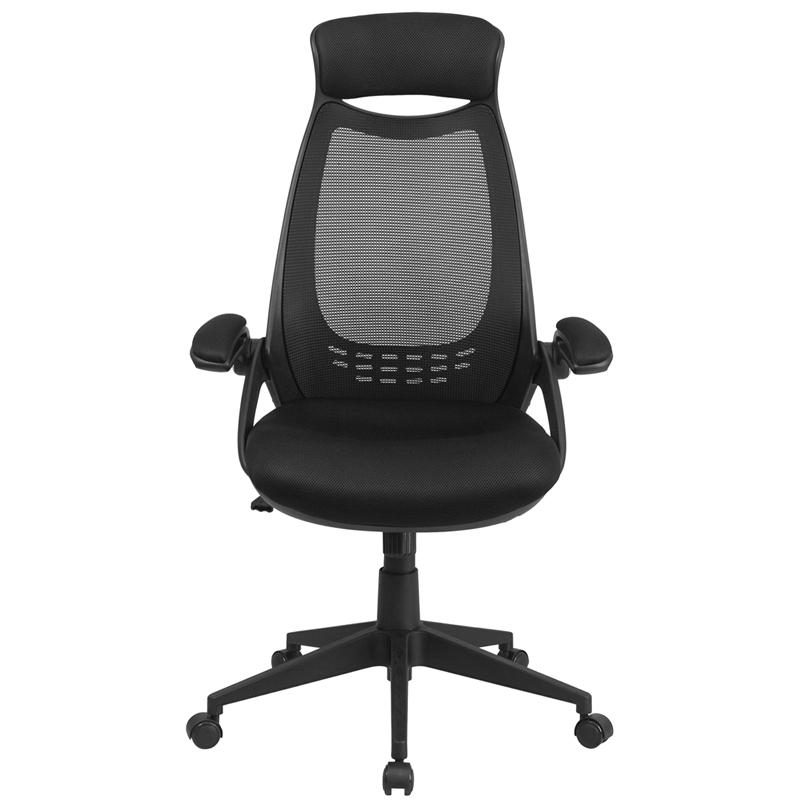 High Back Black Mesh Executive Swivel Office Chair with Flip-Up Arms. Picture 4