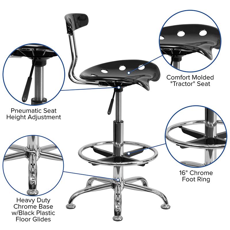 Vibrant Black and Chrome Drafting Stool with Tractor Seat. Picture 5