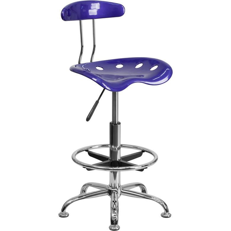 Vibrant Deep Blue and Chrome Drafting Stool with Tractor Seat. The main picture.