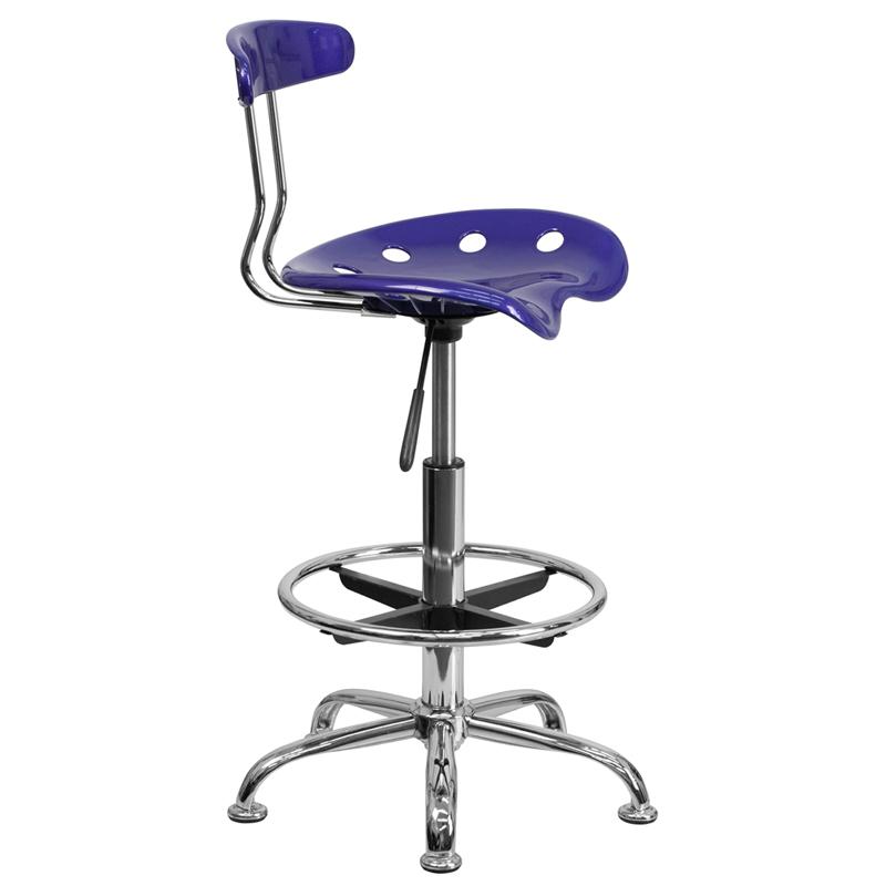 Vibrant Deep Blue and Chrome Drafting Stool with Tractor Seat. Picture 2
