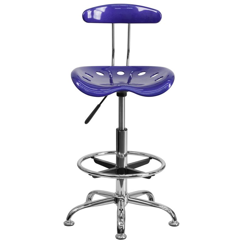 Vibrant Deep Blue and Chrome Drafting Stool with Tractor Seat. Picture 4