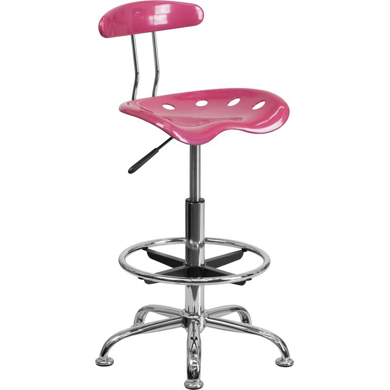 Vibrant Pink and Chrome Drafting Stool with Tractor Seat. Picture 1