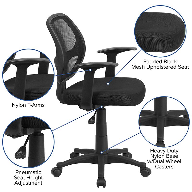 Mid-Back Black Mesh Swivel Ergonomic Task Office Chair with T-Arms - Desk Chair, BIFMA Certified. Picture 5