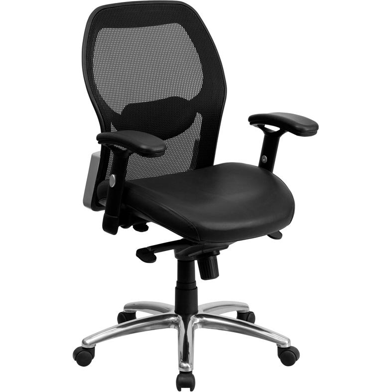 Mid-Back Black Super Mesh Executive Swivel Office Chair with LeatherSoft Seat, Knee Tilt Control and Adjustable Lumbar & Arms. The main picture.