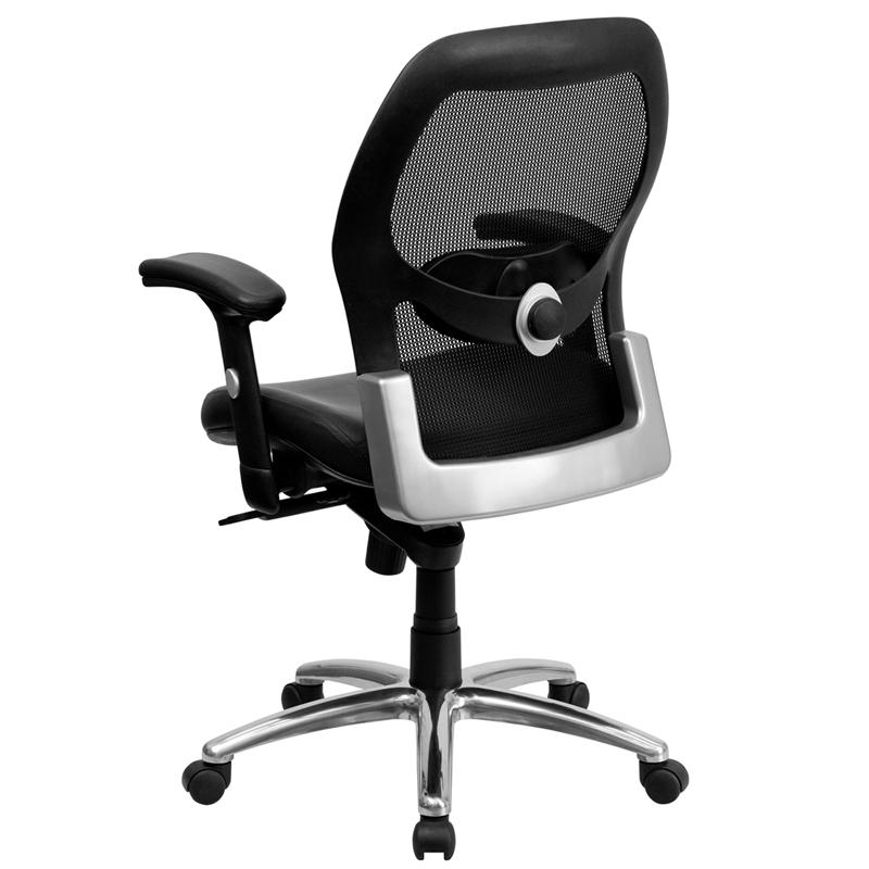 Mid-Back Black Super Mesh Executive Swivel Office Chair with LeatherSoft Seat, Knee Tilt Control and Adjustable Lumbar & Arms. Picture 3