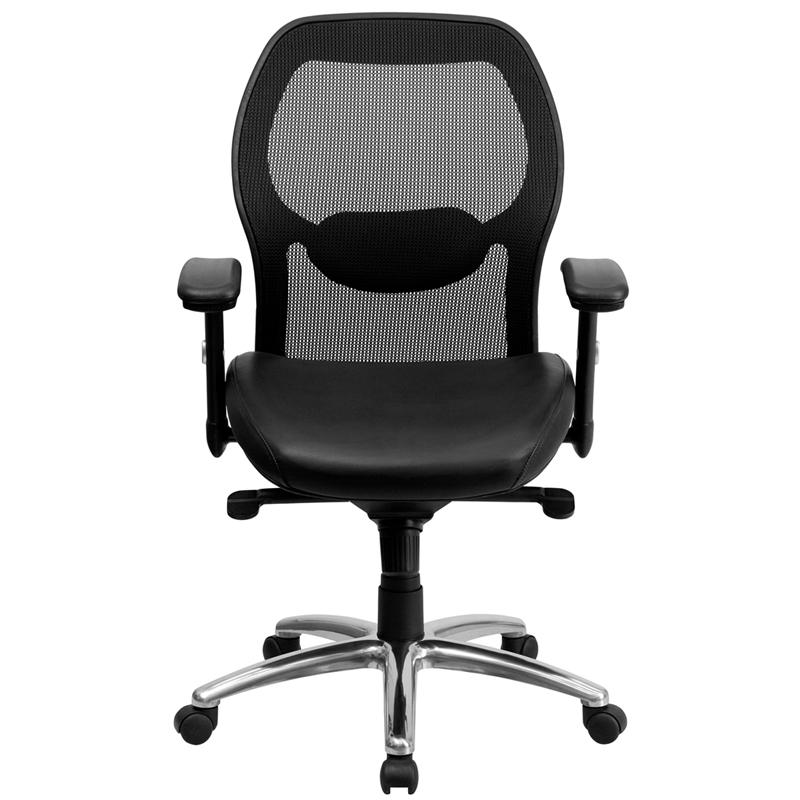 Mid-Back Black Super Mesh Executive Swivel Office Chair with LeatherSoft Seat, Knee Tilt Control and Adjustable Lumbar & Arms. Picture 4