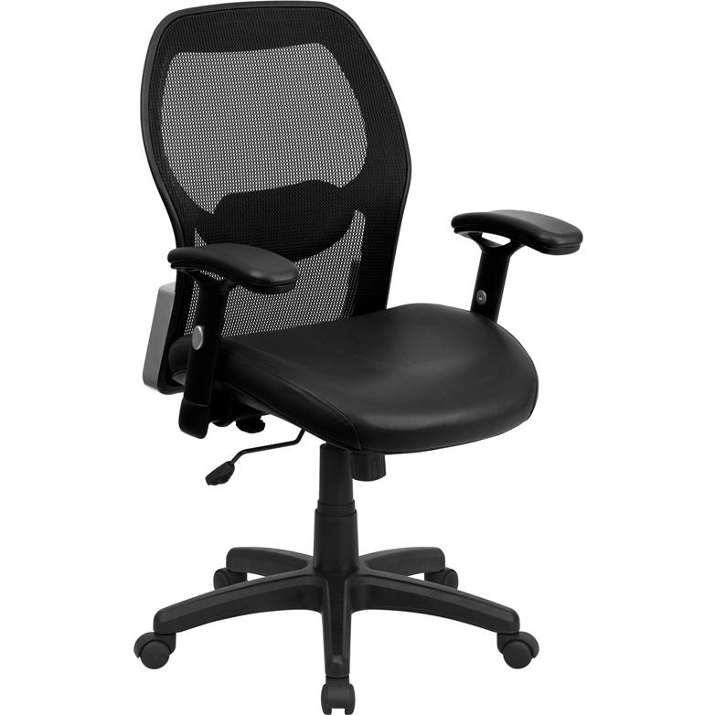 Mid-Back Black Super Mesh Executive Swivel Office Chair with LeatherSoft Seat and Adjustable Lumbar & Arms. Picture 1