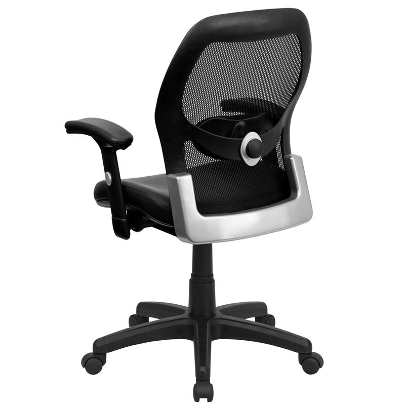 Mid-Back Black Super Mesh Executive Swivel Office Chair with LeatherSoft Seat and Adjustable Lumbar & Arms. Picture 3