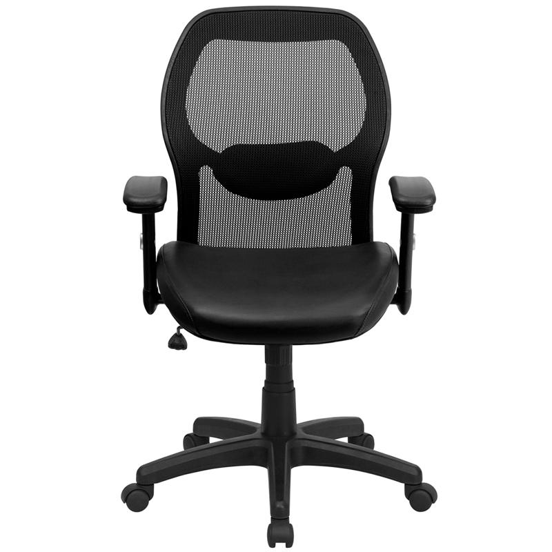 Mid-Back Black Super Mesh Executive Swivel Office Chair with LeatherSoft Seat and Adjustable Lumbar & Arms. Picture 4
