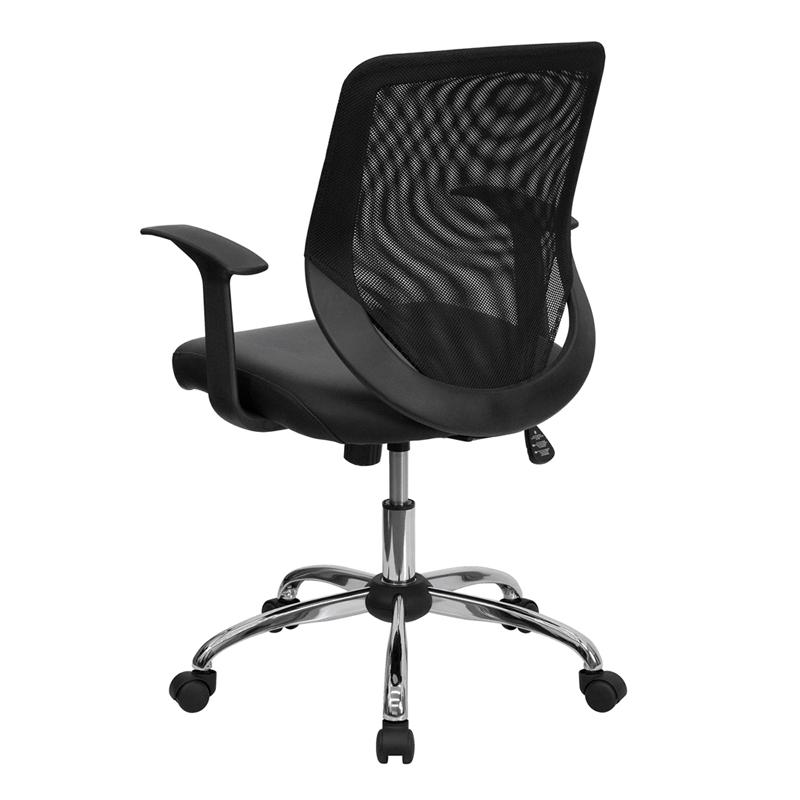 Mid-Back Black Mesh Tapered Back Swivel Task Office Chair with LeatherSoft Seat, Chrome Base and T-Arms. Picture 3