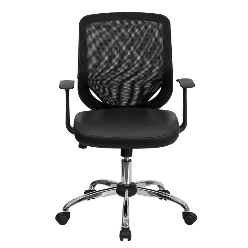 Mid-Back Black Mesh Tapered Back Swivel Task Office Chair with LeatherSoft Seat, Chrome Base and T-Arms. Picture 4