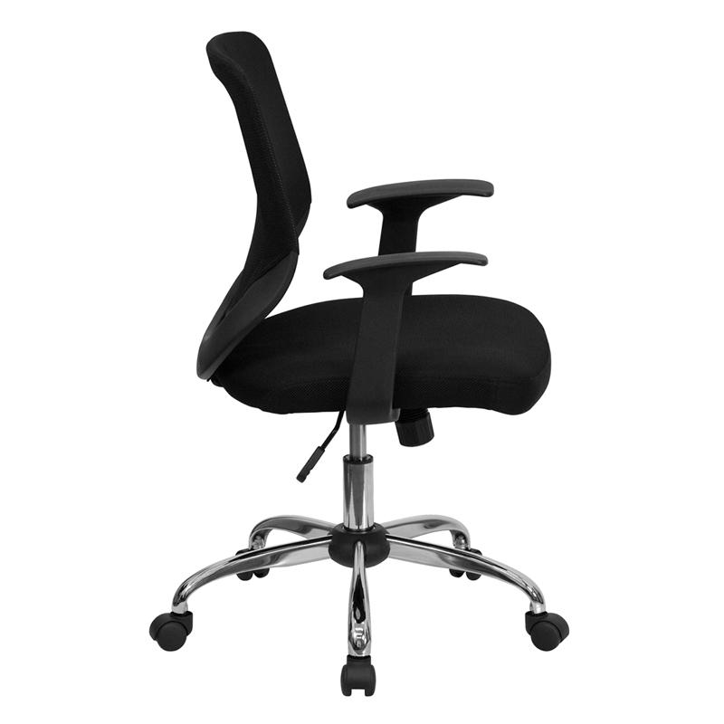 Mid-Back Black Mesh Tapered Back Swivel Task Office Chair with Chrome Base and T-Arms. Picture 2