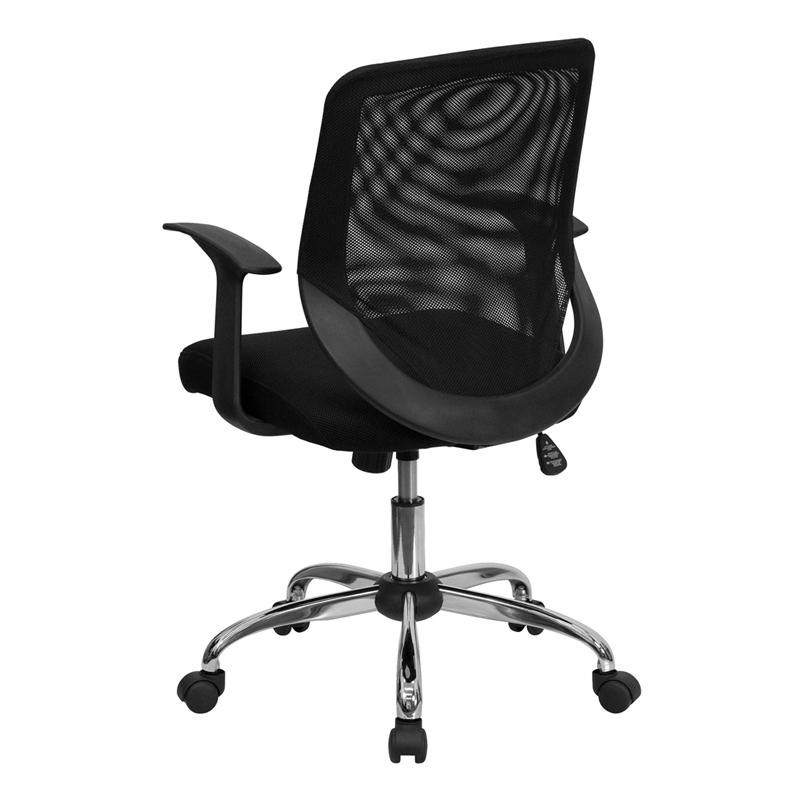 Mid-Back Black Mesh Tapered Back Swivel Task Office Chair with Chrome Base and T-Arms. Picture 3