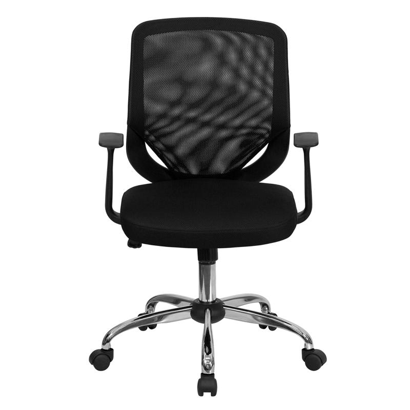 Mid-Back Black Mesh Tapered Back Swivel Task Office Chair with Chrome Base and T-Arms. Picture 4