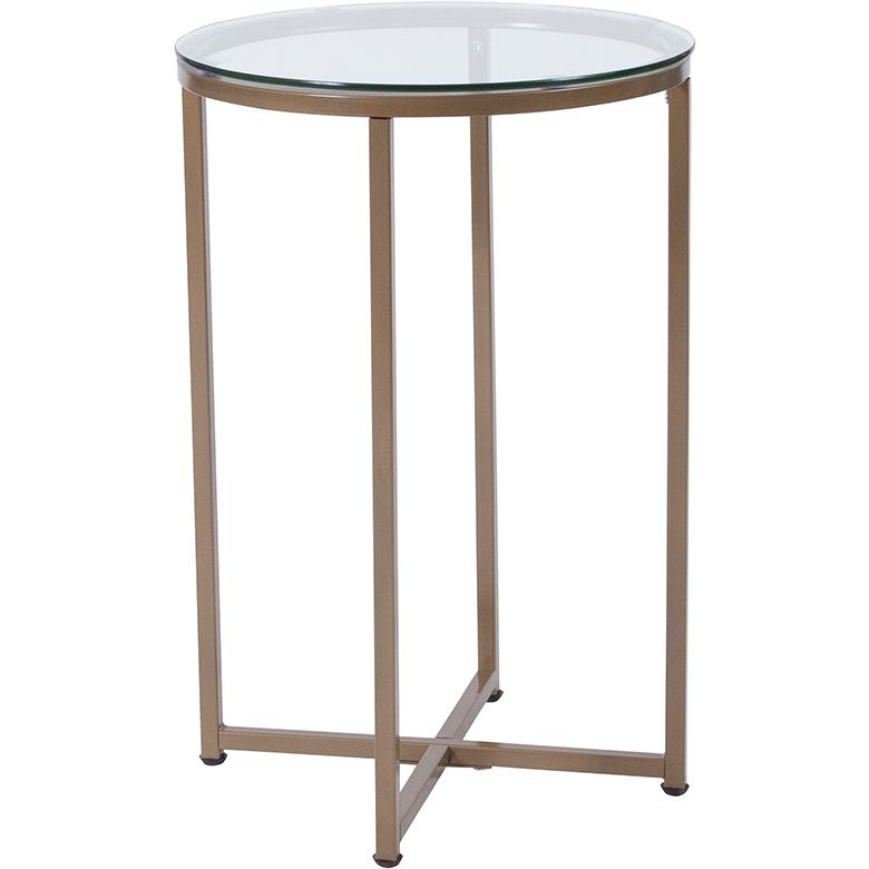 End Table - Modern Clear Glass Accent Table with Crisscross Brushed Gold Frame. Picture 1