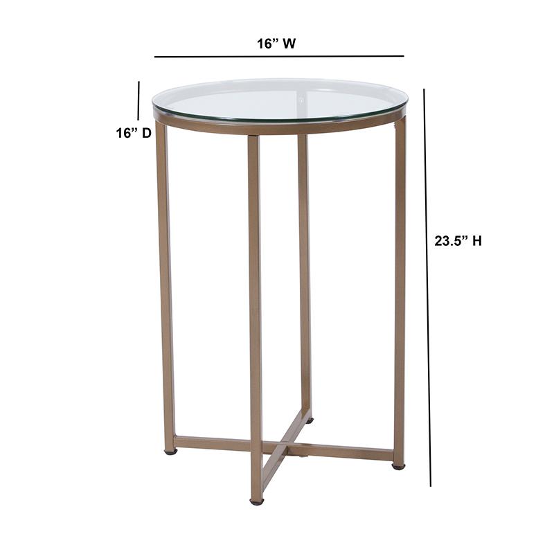 End Table - Modern Clear Glass Accent Table with Crisscross Brushed Gold Frame. Picture 2