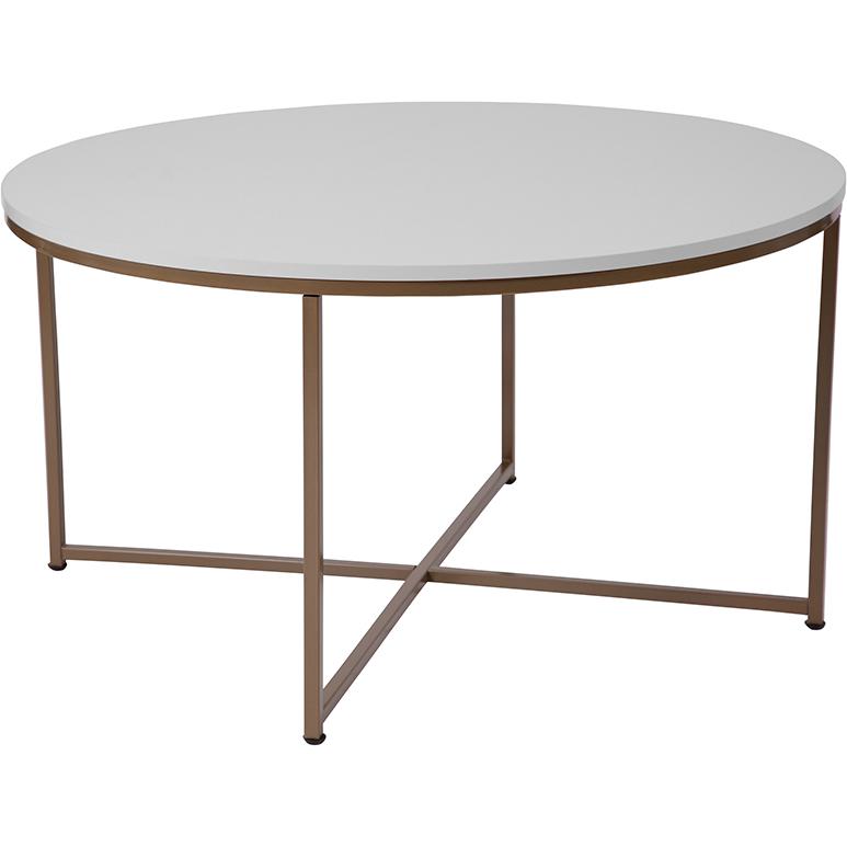 Coffee Table - White Finish Accent Table with Crisscross Brushed Gold Frame. Picture 1