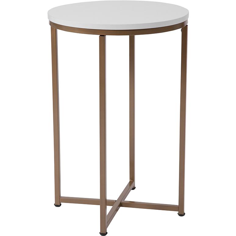 End Table - Modern White Finish Accent Table with Crisscross Brushed Gold Frame. Picture 1