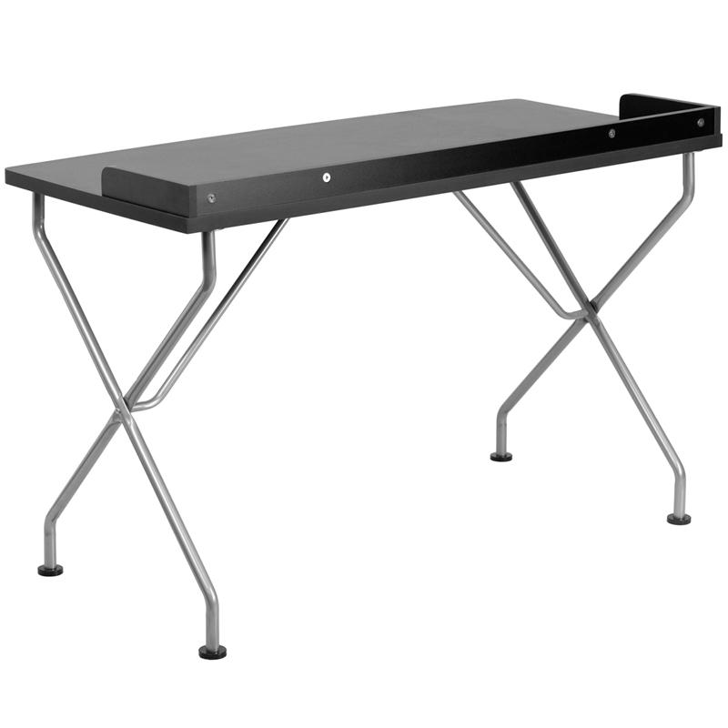 Black Computer Desk with Raised Border and Silver Metal Frame. Picture 2