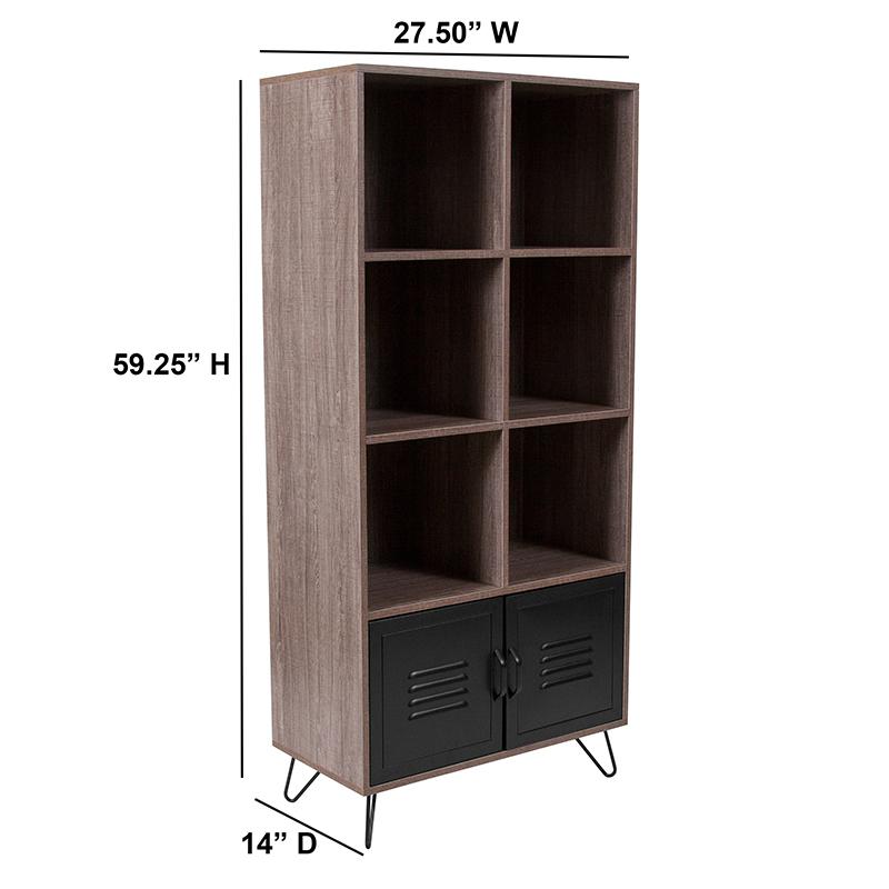 Woodridge Collection 59.25"H 6 Cube Storage Organizer Bookcase with Metal Cabinet Doors and Metal Legs in Rustic Wood Grain Finish. Picture 5