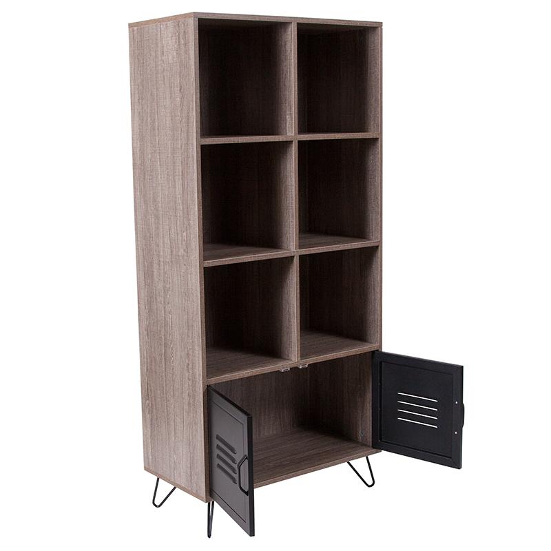Woodridge Collection 59.25"H 6 Cube Storage Organizer Bookcase with Metal Cabinet Doors and Metal Legs in Rustic Wood Grain Finish. Picture 2