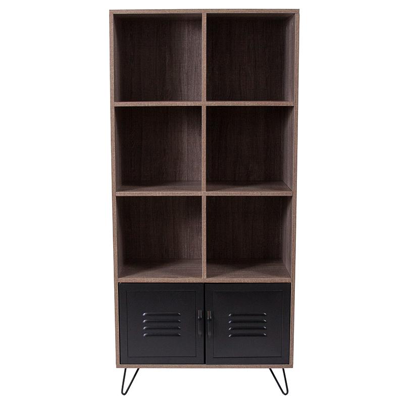 Woodridge Collection 59.25"H 6 Cube Storage Organizer Bookcase with Metal Cabinet Doors and Metal Legs in Rustic Wood Grain Finish. Picture 3