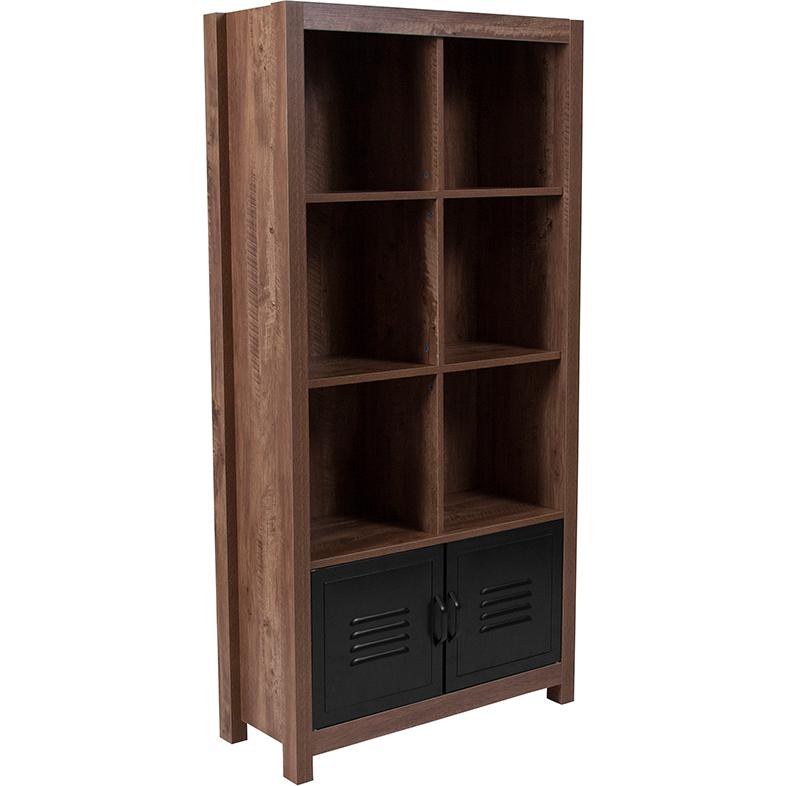 New Lancaster Collection 59.5"H 6 Cube Storage Organizer Bookcase with Metal Cabinet Doors in Crosscut Oak Wood Grain Finish. Picture 1