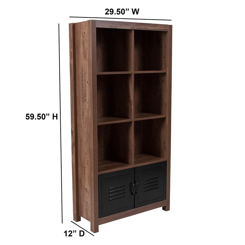 New Lancaster Collection 59.5"H 6 Cube Storage Organizer Bookcase with Metal Cabinet Doors in Crosscut Oak Wood Grain Finish. Picture 5