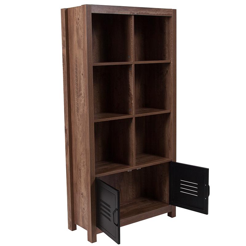 New Lancaster Collection 59.5"H 6 Cube Storage Organizer Bookcase with Metal Cabinet Doors in Crosscut Oak Wood Grain Finish. Picture 2