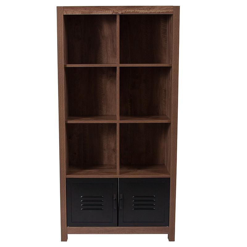 New Lancaster Collection 59.5"H 6 Cube Storage Organizer Bookcase with Metal Cabinet Doors in Crosscut Oak Wood Grain Finish. Picture 3