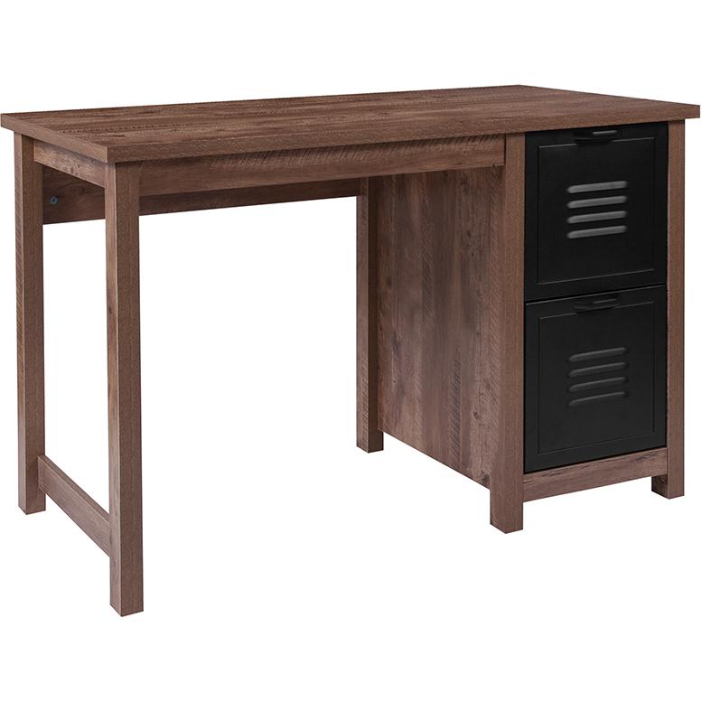 Crosscut Oak Wood Grain Finish Computer Desk with Metal Drawers. Picture 1