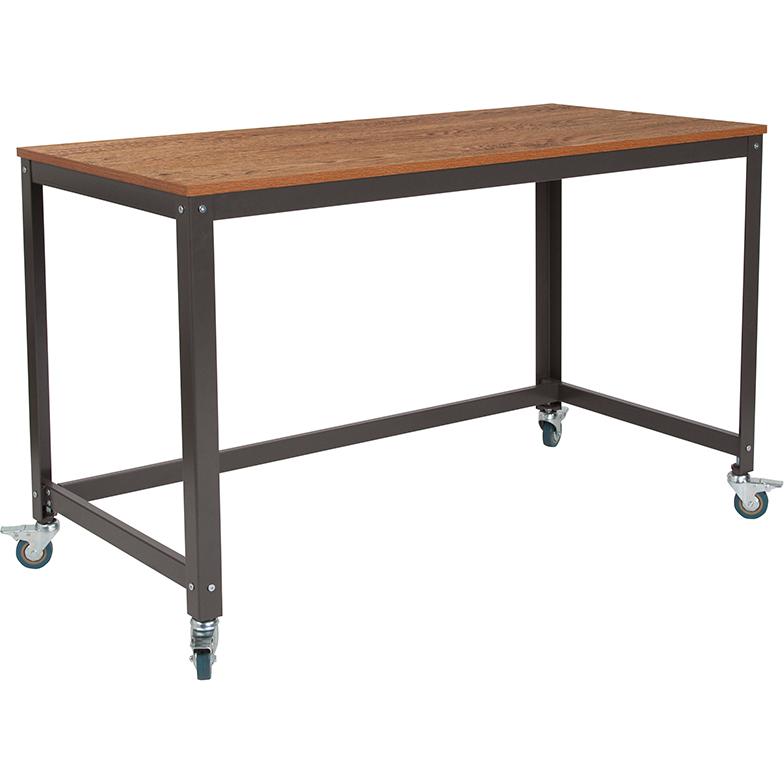 Computer Table and Desk in Brown Oak Wood Grain Finish with Metal Wheels. Picture 1