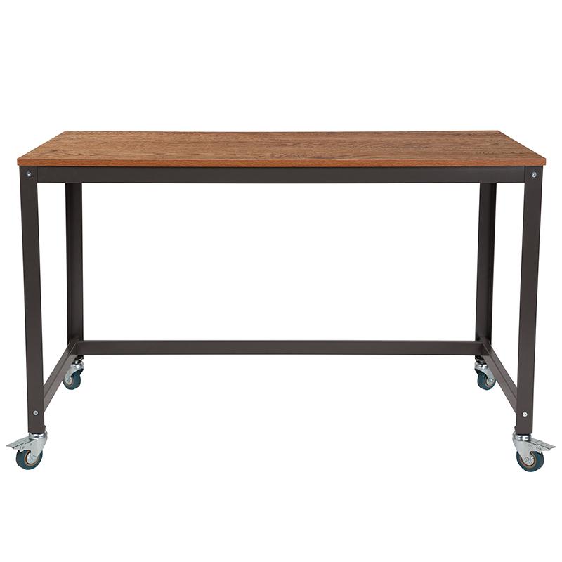 Computer Table and Desk in Brown Oak Wood Grain Finish with Metal Wheels. Picture 2