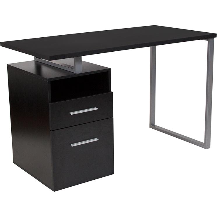 Dark Ash Wood Grain Finish Computer Desk with Two Drawers and Silver Metal Frame. Picture 1