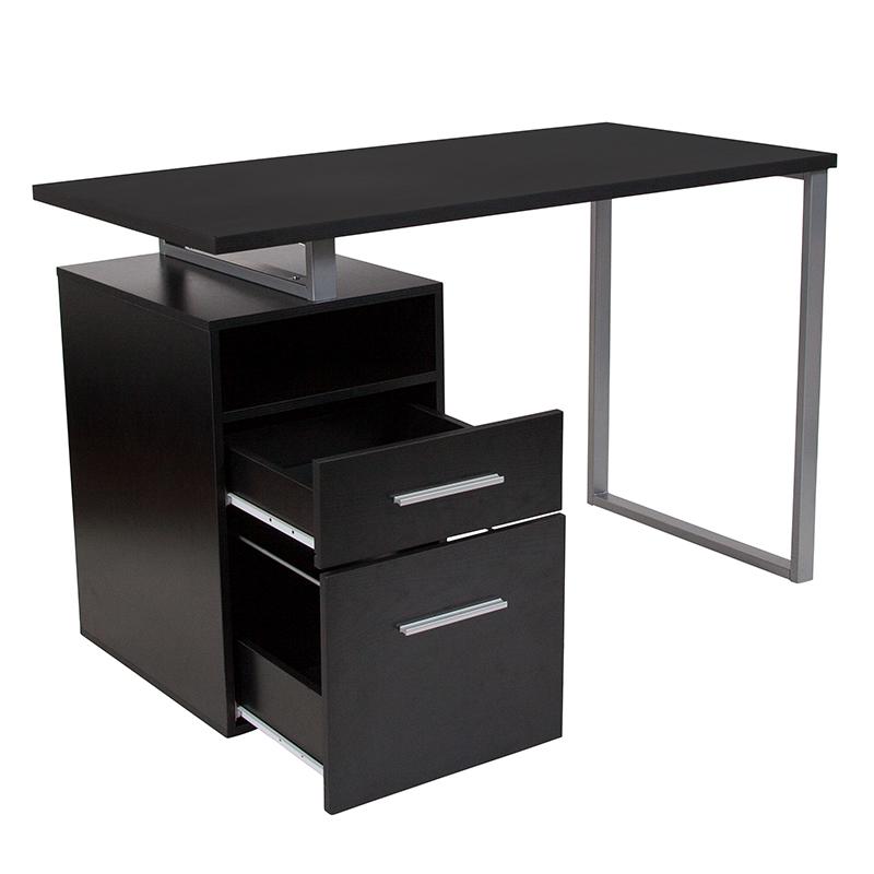 Dark Ash Wood Grain Finish Computer Desk with Two Drawers and Silver Metal Frame. Picture 2