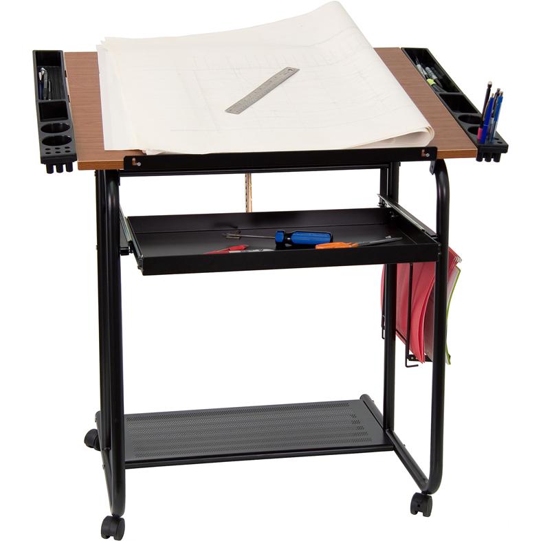 Adjustable Drawing and Drafting Table with Black Frame and Dual Wheel Casters. Picture 1