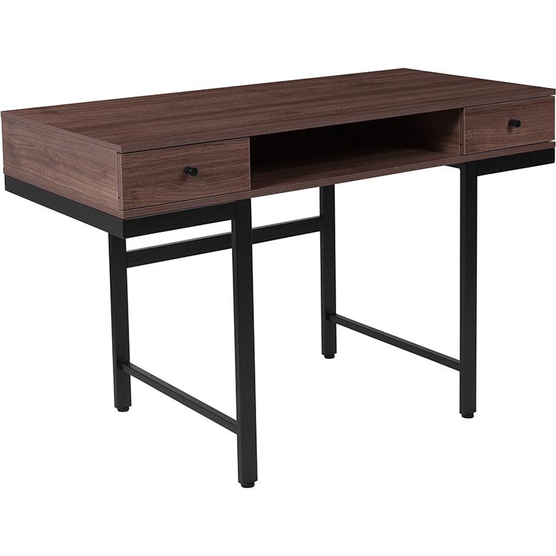 Bartlett Dark Ash Wood Grain Finish Computer Desk with Drawers and Black Metal Legs. The main picture.
