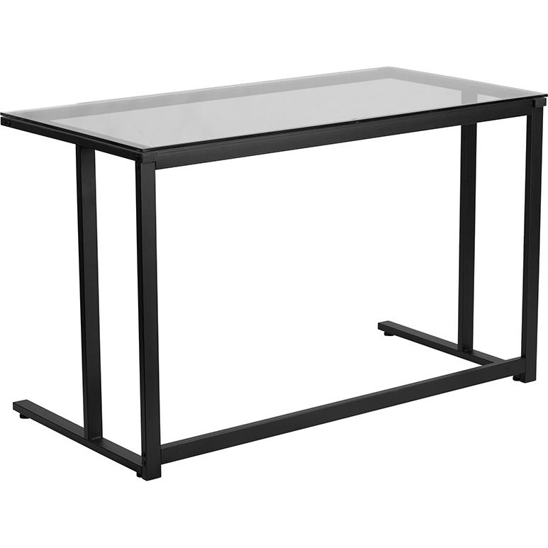 Glass Desk with Black Pedestal Metal Frame. Picture 1