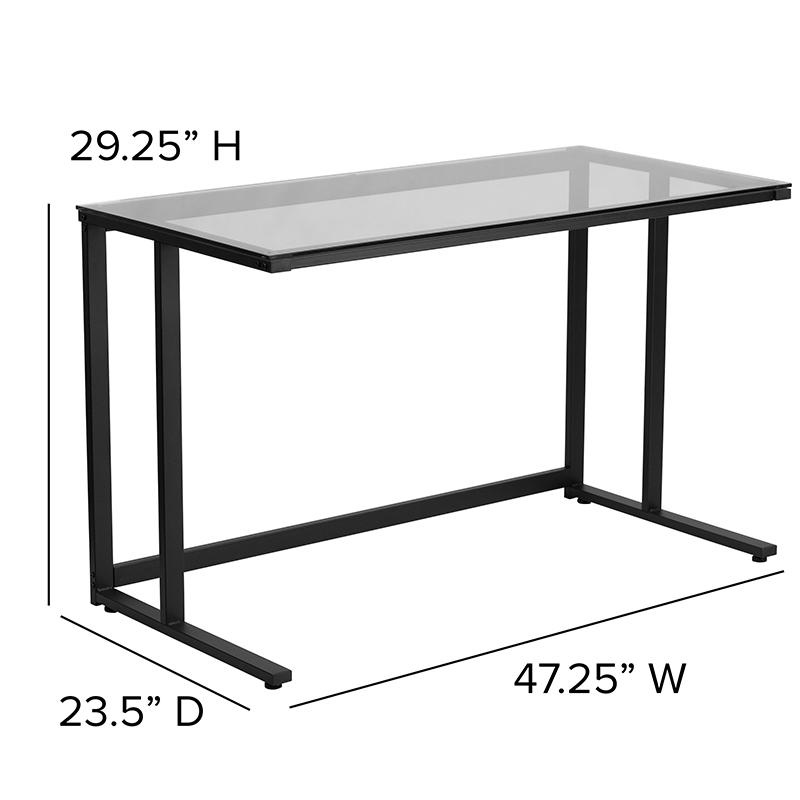 Glass Desk with Black Pedestal Metal Frame. Picture 4