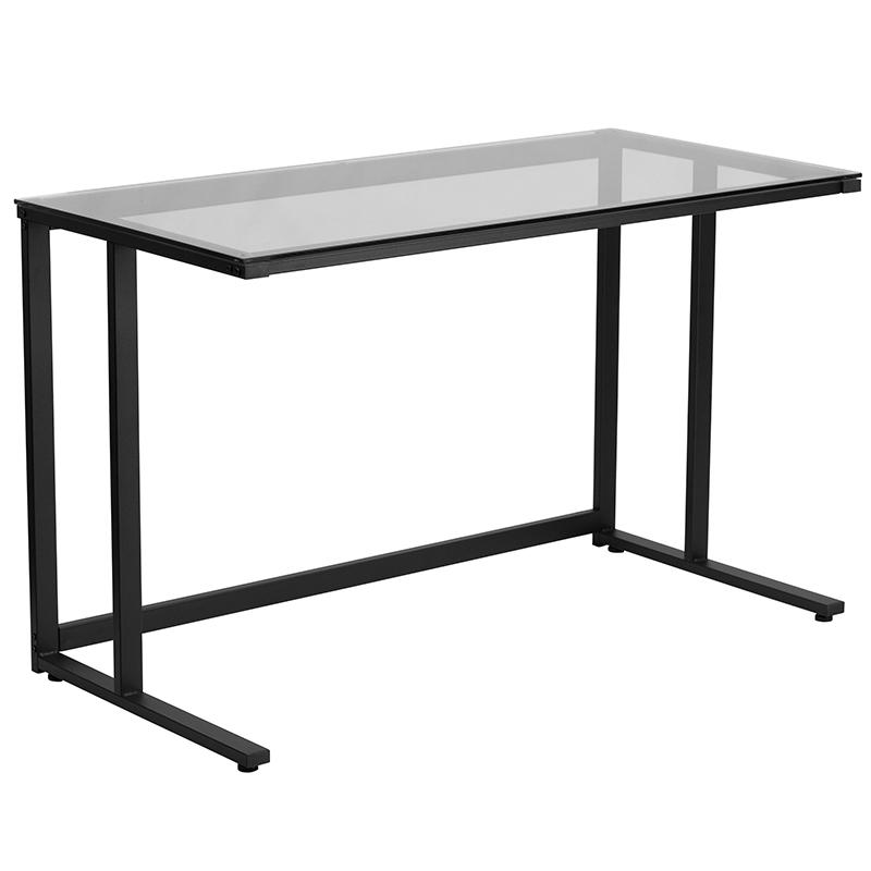 Glass Desk with Black Pedestal Metal Frame. Picture 2