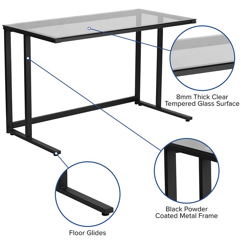 Glass Desk with Black Pedestal Metal Frame. Picture 3
