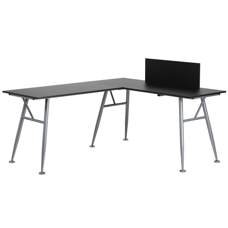 Black Laminate L-Shape Computer Desk with Silver Metal Frame. The main picture.