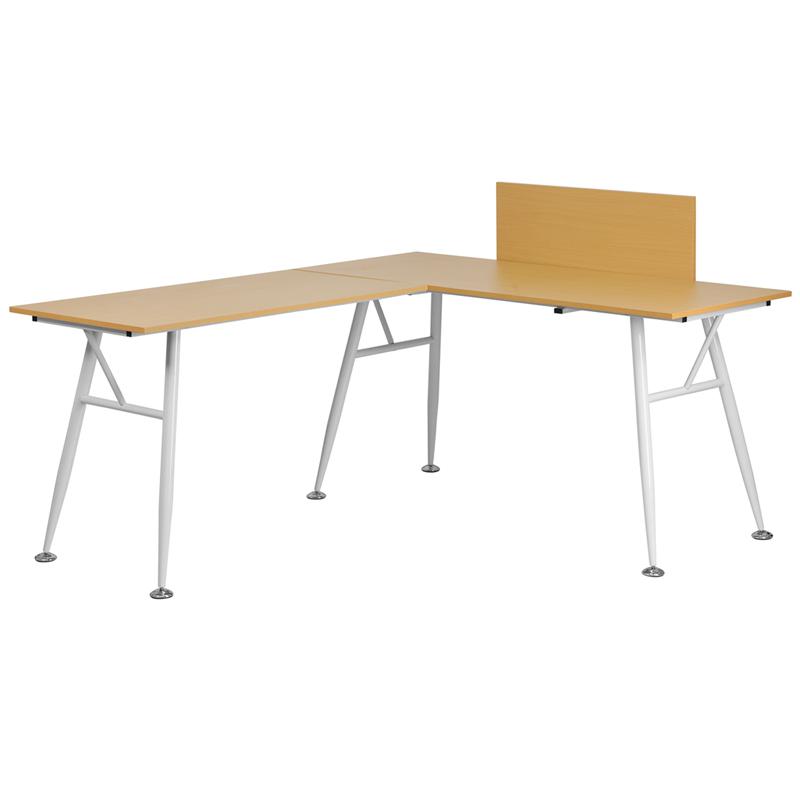 Beech Laminate L-Shape Computer Desk with White Metal Frame. Picture 1