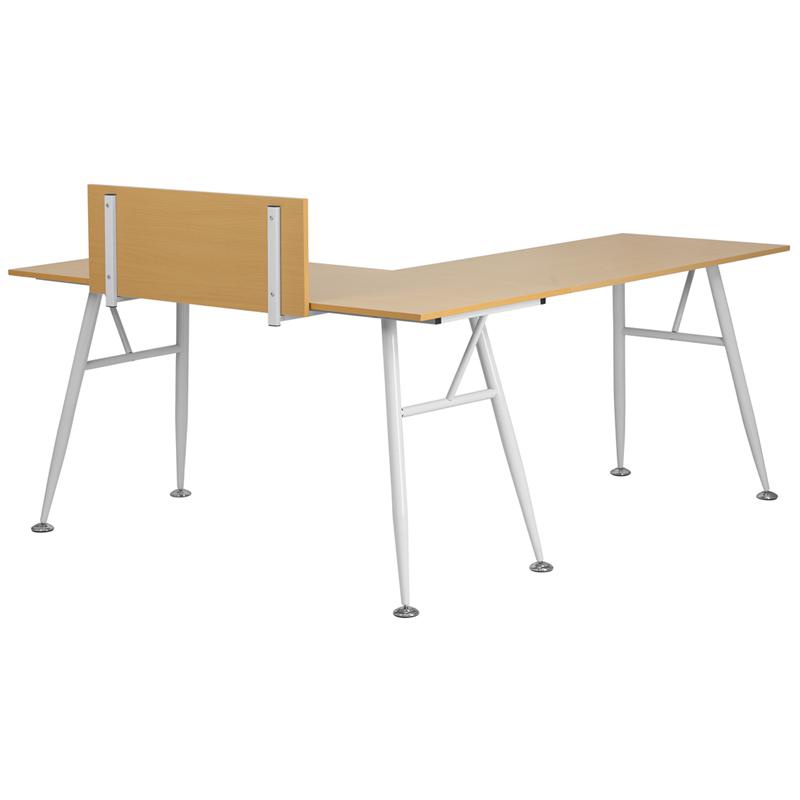 Beech Laminate L-Shape Computer Desk with White Metal Frame. Picture 2